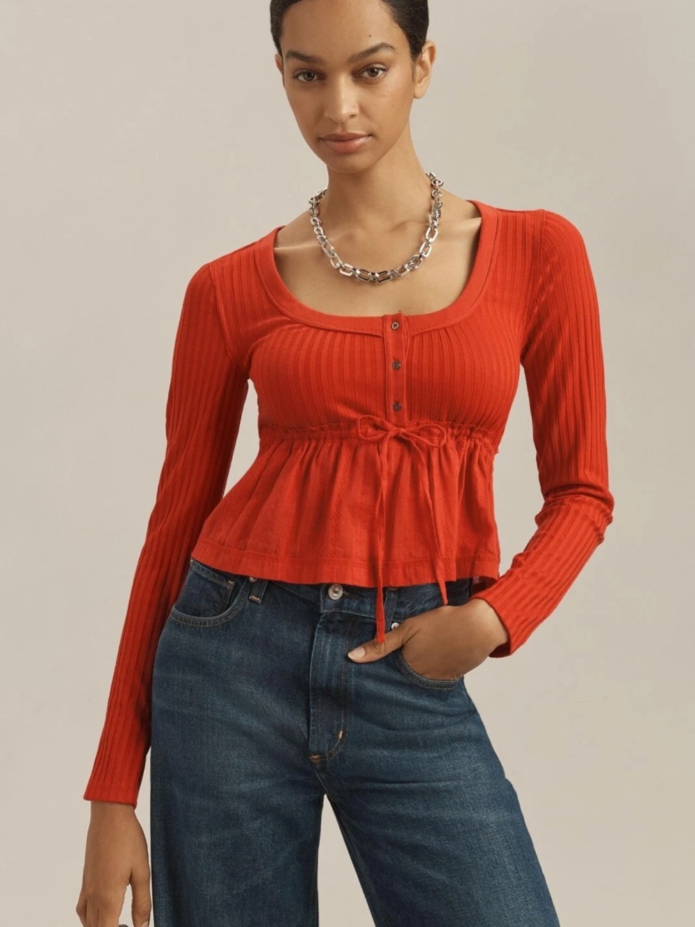 Anthropologie Pilcro Long Sleeve Scoop Neck Babydoll Top Red Medium